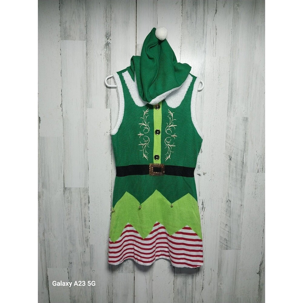 No Boundaries Womans Dress L (11-13)Green White Christmas Elf hooded dress
